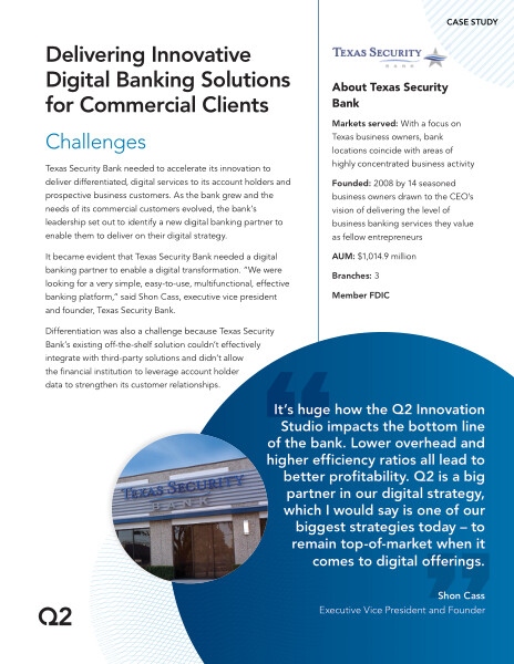 Q2 helps Texas Security Bank deliver innovative digital banking solutions for commercial clients